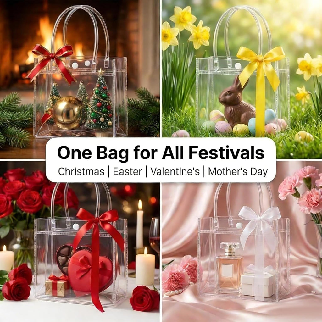 MAQIHAN Clear Gift Bags with Handles - Party Favor Candy Bags Transparent | 10 Plastic Goodie Bags, bolsitas for Valentines, Mother's Day, Christmas, Baby Shower, Wedding, Birthday, Mini 5.9'' x 6.3''