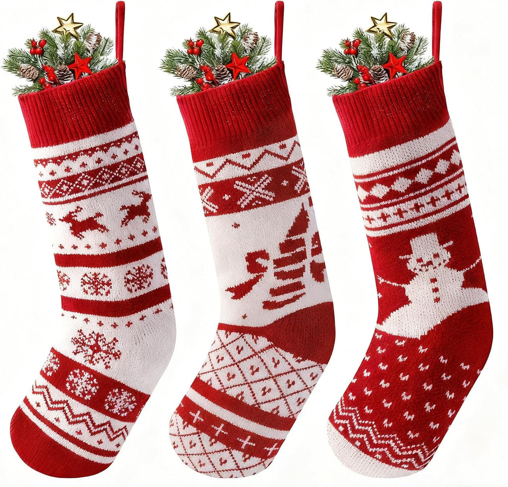 JOYIN 3 Pack 18" Knit Christmas Stockings, Burgundy/White Knitted Large Rustic Yarn Xmas Stockings, Snowflakes/Snowmen/Reindeers Character for Family Holiday Decorations, Wall, Staircase Decoration