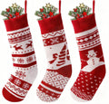 JOYIN 3 Pack 18" Knit Christmas Stockings, Burgundy/White Knitted Large Rustic Yarn Xmas Stockings, Snowflakes/Snowmen/Reindeers Character for Family Holiday Decorations, Wall, Staircase Decoration
