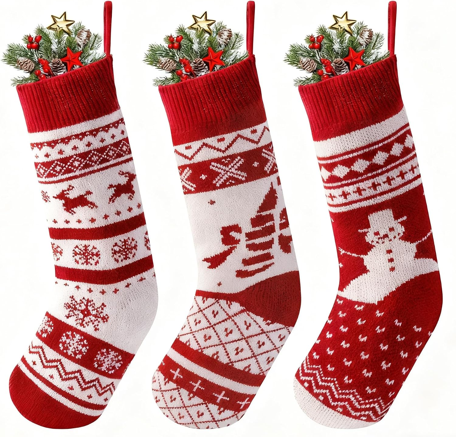 JOYIN 3 Pack 18" Knit Christmas Stockings, Burgundy/White Knitted Large Rustic Yarn Xmas Stockings, Snowflakes/Snowmen/Reindeers Character for Family Holiday Decorations, Wall, Staircase Decoration