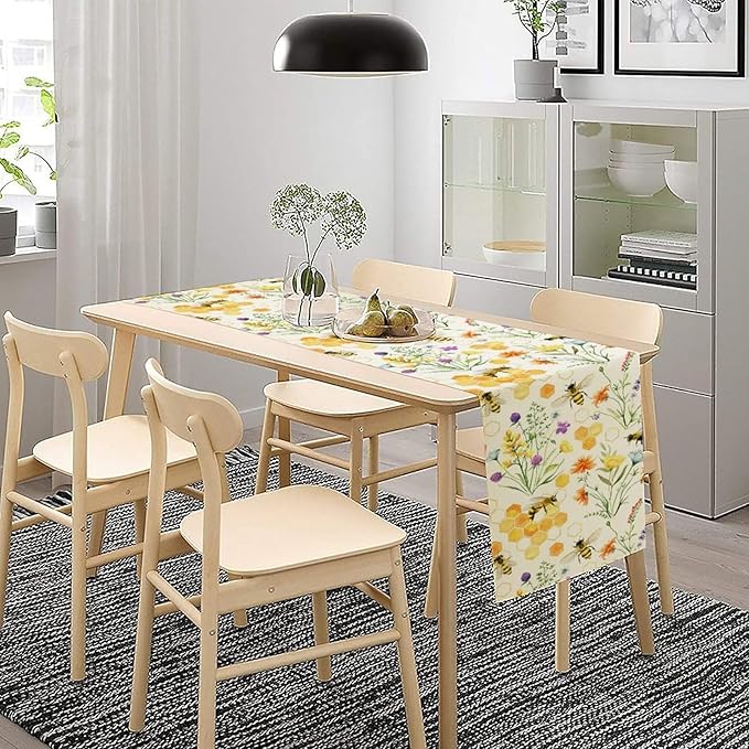 Summer Bee Table Runner, Seasonal Spring Wildflowers Bee Yellow Honeycombs Farmhouse Table Runner for Kitchen Dining Table Home Party Decor, 13x90inch