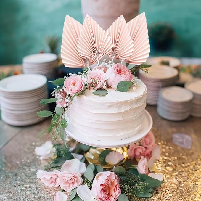 Gyufise 6Pcs Paper Palm Fan Cake Toppers Palm Leaf Fan Cake Topper Palm Spear Leaf Cupcake Toppers Cake Insert Decoration For Cake Decorating Diy Craft Project Home Wedding Party Supplies Pink