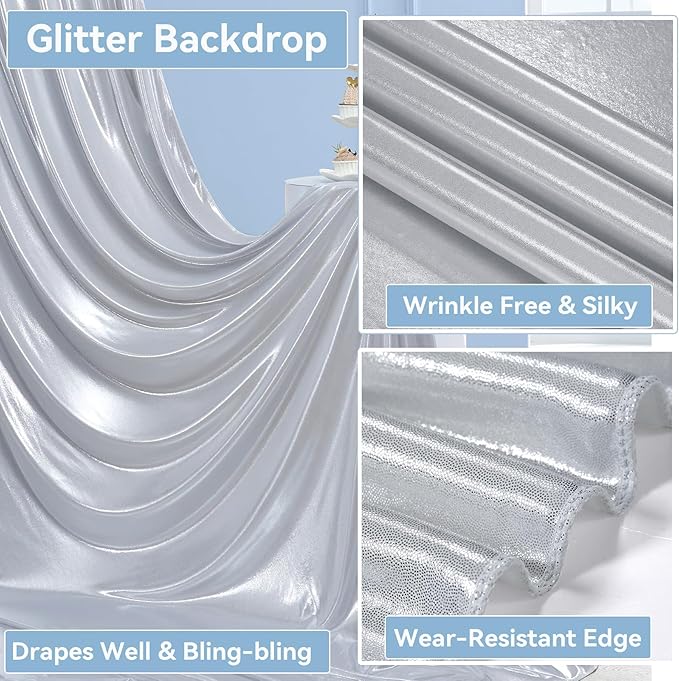 40x10 ft Wrinkle Free Silver Sequin Backdrop Curtain for Parties,Thick Not Fall Glitter Wedding Drapes Backdrop,4 Panels 5x10ft Shimmer Photo Wall Back Drop Cloth for Birthday Photography Background