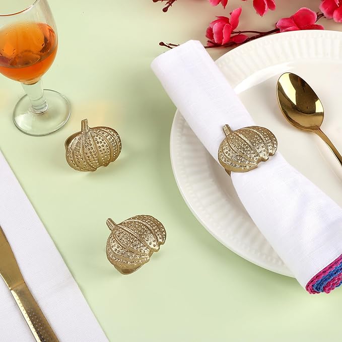 Gold Lightweight Metal Napkin Rings Set of 12 - Pumpkin Elegant Napkin Holders Modern Serviette Buckles Metallic Adornment for Table Settingsfor Thanksgiving, Fall, Halloween & Holiday - CLEENTABLE