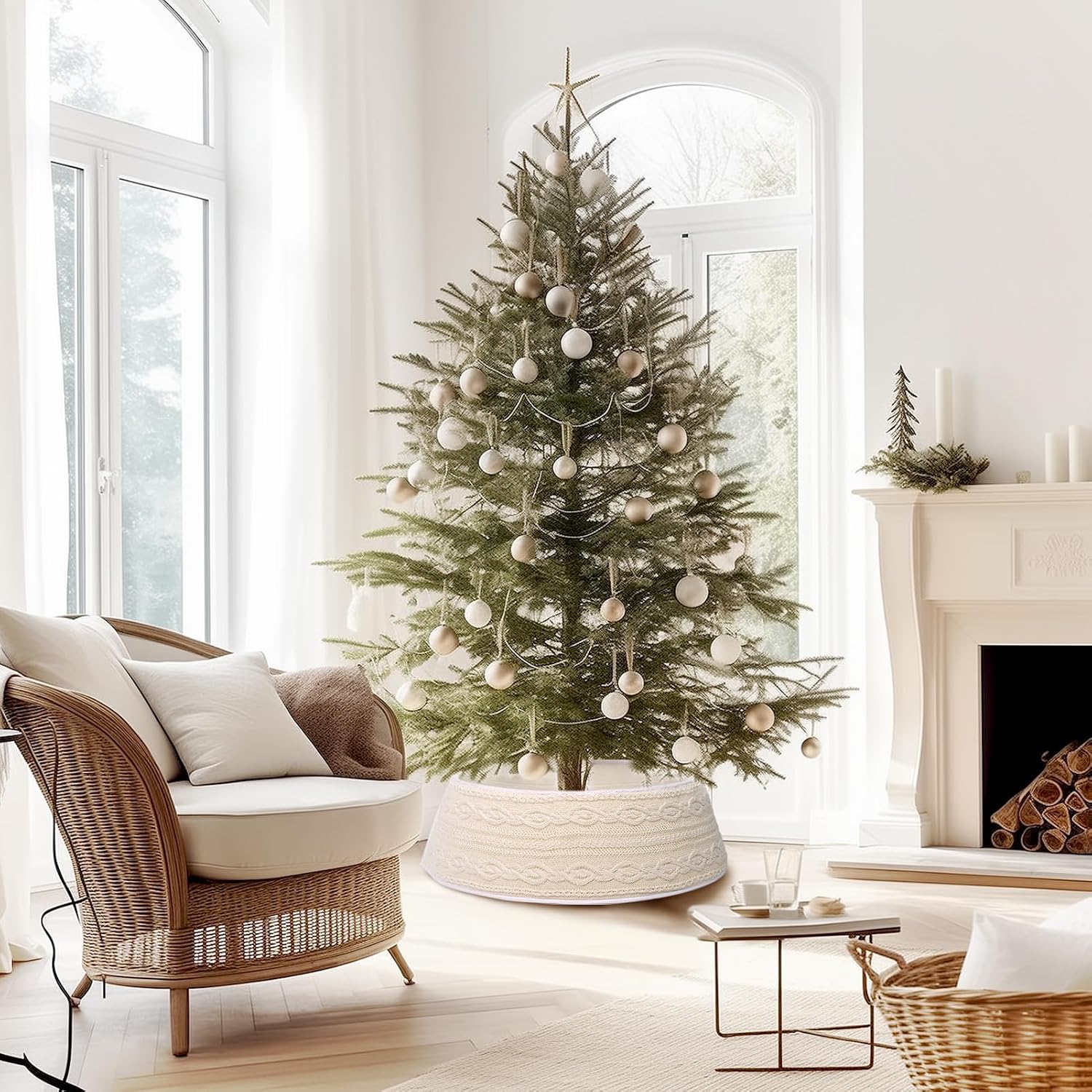 WBHome Christmas Tree Collar, Adjustable 28 inch Cable Knit Knitted Thick Rustic Holiday Decoration, Farmhouse Tree Ring Tree Skirt for Christmas Home Décor, Beige