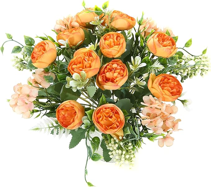 Artificial Flowers Fake Peony Silk Mini Plastic Bridal Flowers for DIY Wedding Bouquets Home Decorations 4 Packs(Orange)