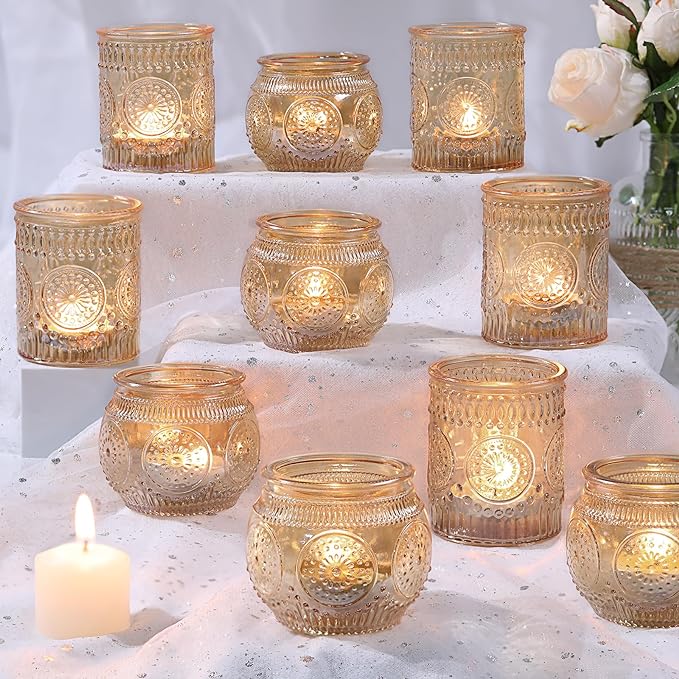 DARJEN 12Pcs Gold Votive Candle Holders - Glass Candle Holder for Table Centerpiece, Tea Lights Candle Holders for Home, Party & Wedding Shower Decoration