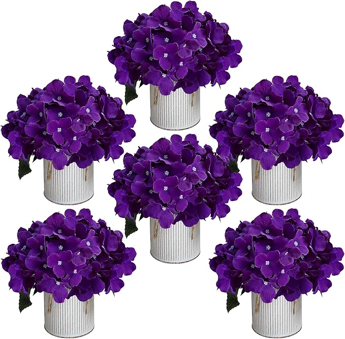 Flower Table Centerpieces - Set of 6 Floral Arrangement Artificial Wedding Hydrangeas Floral Arrangement with Rustic Metal Vase for Bridal Tea Party Event Decorations - Deep Purple