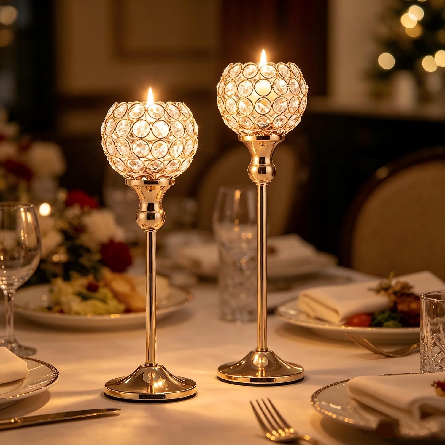Gold Crystal Candle Holders Set of 2,Pillar Candlesticks for Table Centerpieces, Valentine's Day Home Decor Wedding Party Housewarming Gift