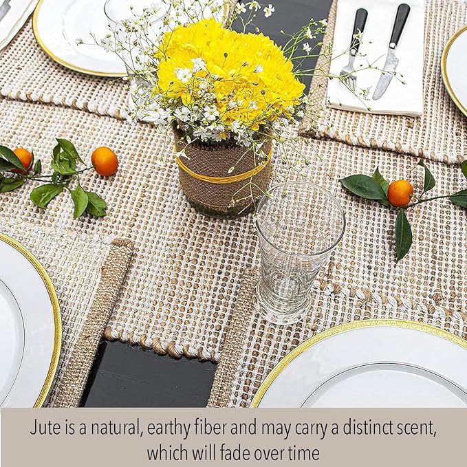 Chardin home Natural Jute Table Runner 13x108 Inch – Vintage Boho Rustic Table Decor – Handwoven Long Table Runner in Natural Jute and Ivory – Farmhouse Dining or Console Table Accent