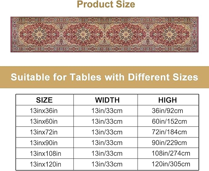 Vintage Boho Floral Table Runner, Rustic Country Farmhouse Red Gold Bohemia Flower Pattern for Home Kitchen Table Decor Dining Coffee Room Party Decor 13x72in