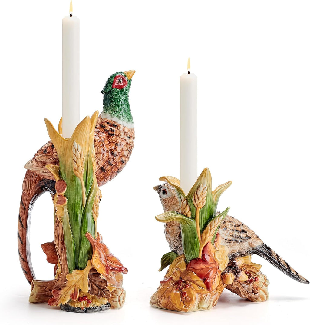 Fitz and Floyd Fall Harvest Pheasant Ceramic Figurine Candleholders, Set of 2, 10.5 and 6.25 inches Tall