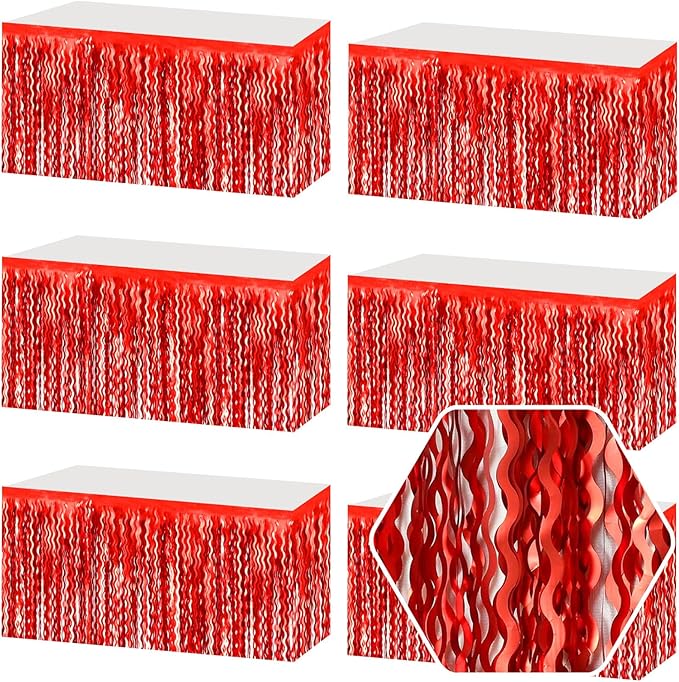 6 Pack 29 x108 Inch Red Wave Foil Fringe Table Skirts Metallic Banner for Tinsel Streamer Garland Backdrop for Parade Floats, Mother's Day, Easter, Wedding, Birthday Party Decoration