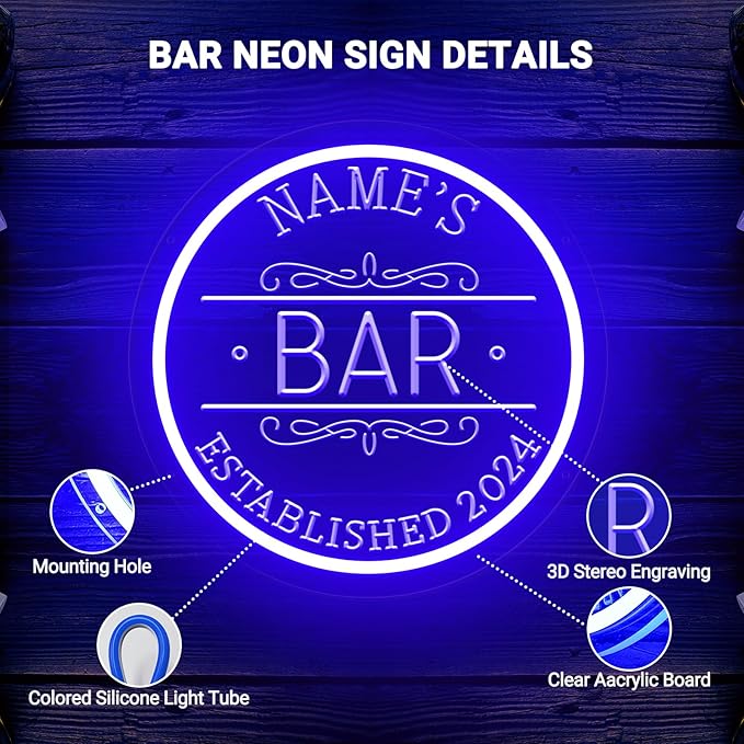 Custom Bar Neon Sign for Man Cave, Personalized LED Bar Light Up Signs for Wall Decor, Dimmable Customized Neon Lights for Men Dad Gifts, Home Pub Tavern Bistro Business