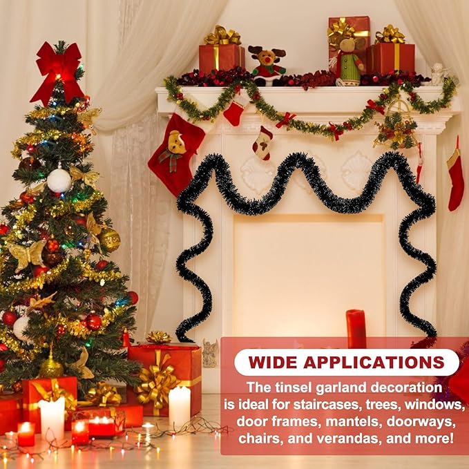 25 Feet Black Christmas Tinsel Garland, Metallic Foil Twist Banner Wall Hanging Tinsel Streamers Backdrop for Parade Floats, Christmas, Mother's Day, Birthday Party Decorations(4in x 25ft)
