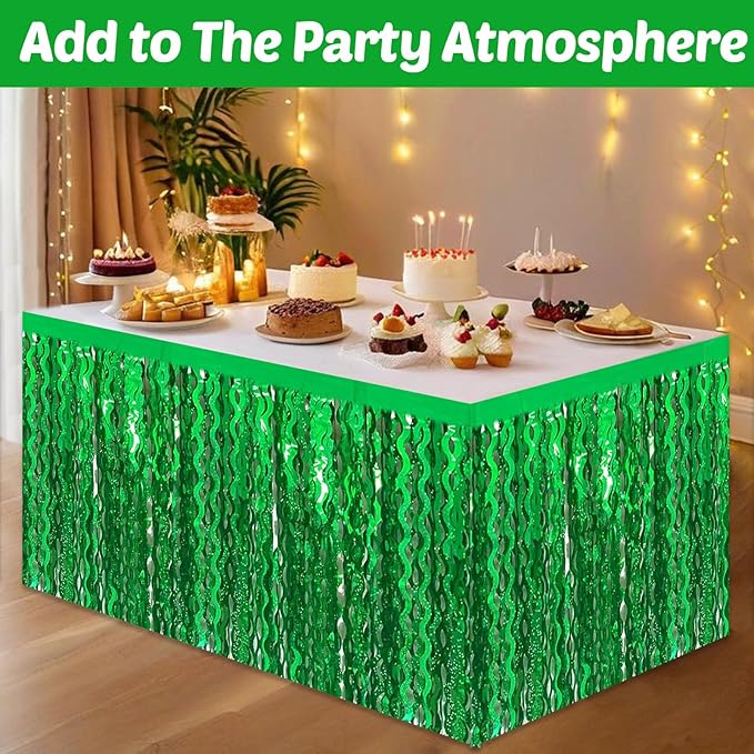 6 Pack 29x108 Inch Green Wave Foil Fringe Table Skirts Metallic Banner for Tinsel Streamer Garland Backdrop for Parade Floats Mother's, Graduate, Mardi Gras, Birthday, Wedding Party Decorations
