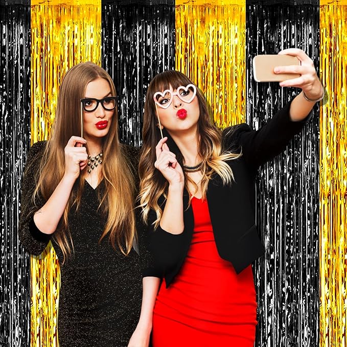 4 Pack Black Gold Foil Fringe Curtain Backdrop, 3.28Ft x 8.2Ft Metallic Tinsel Foil Fringe Streamers Curtains for Photo Booth, Wedding, Graduation, Birthday, Carnival Party Decoration
