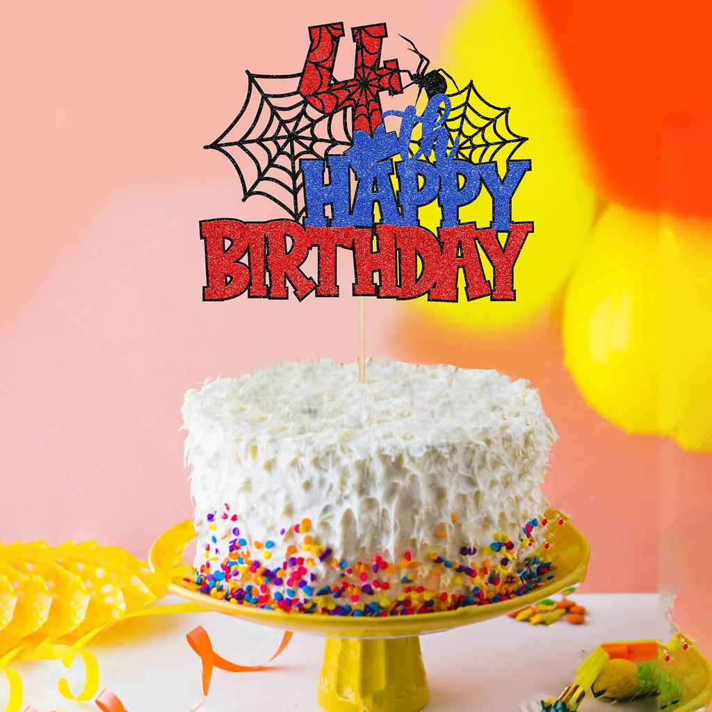 1 PCS Happy 4th Birthday Cake Topper Glitter Spider Web Cheers to 4 Years Four Birthday Cake Pick Superhero Spider Party Decorations for Boys Girls Happy 4th Birthday Party Cake Decorations Supplies