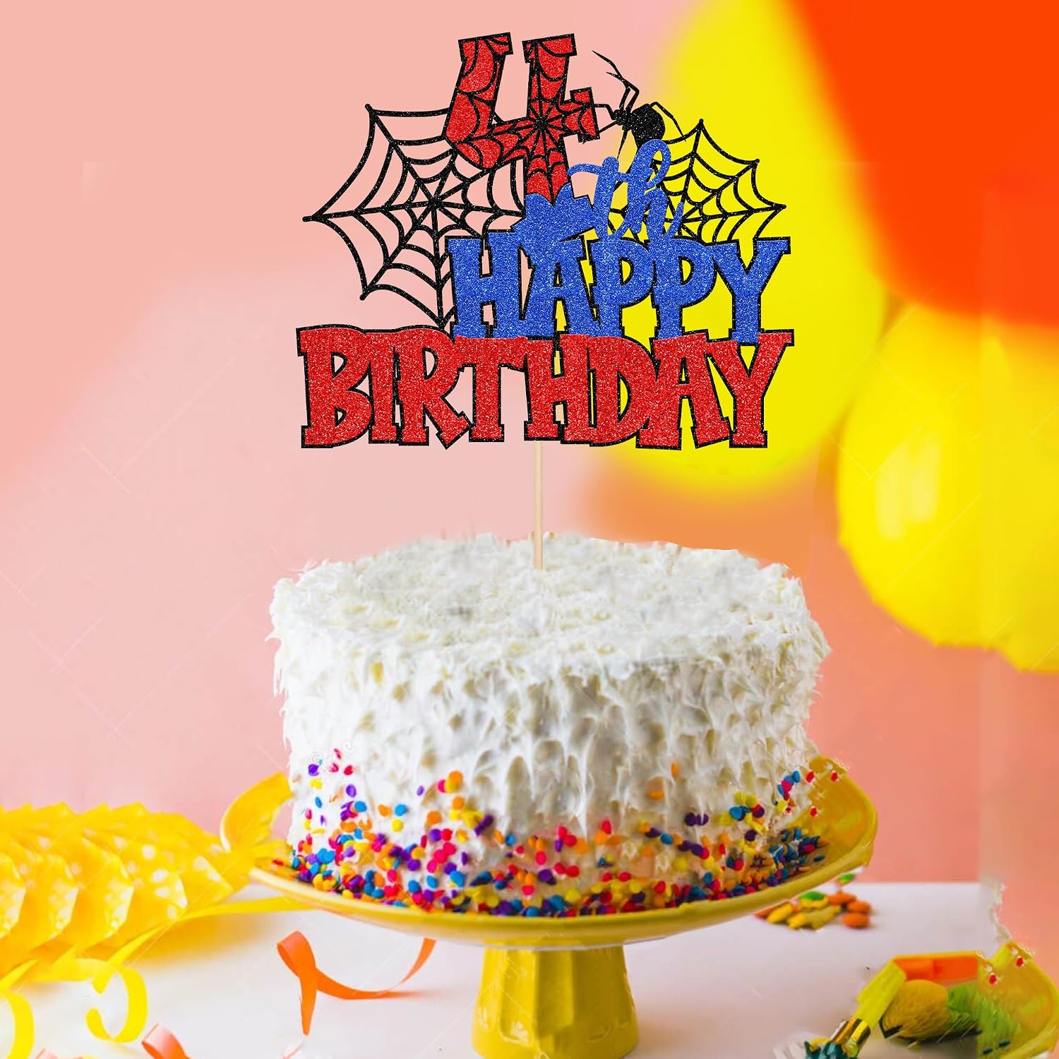 1 PCS Happy 4th Birthday Cake Topper Glitter Spider Web Cheers to 4 Years Four Birthday Cake Pick Superhero Spider Party Decorations for Boys Girls Happy 4th Birthday Party Cake Decorations Supplies