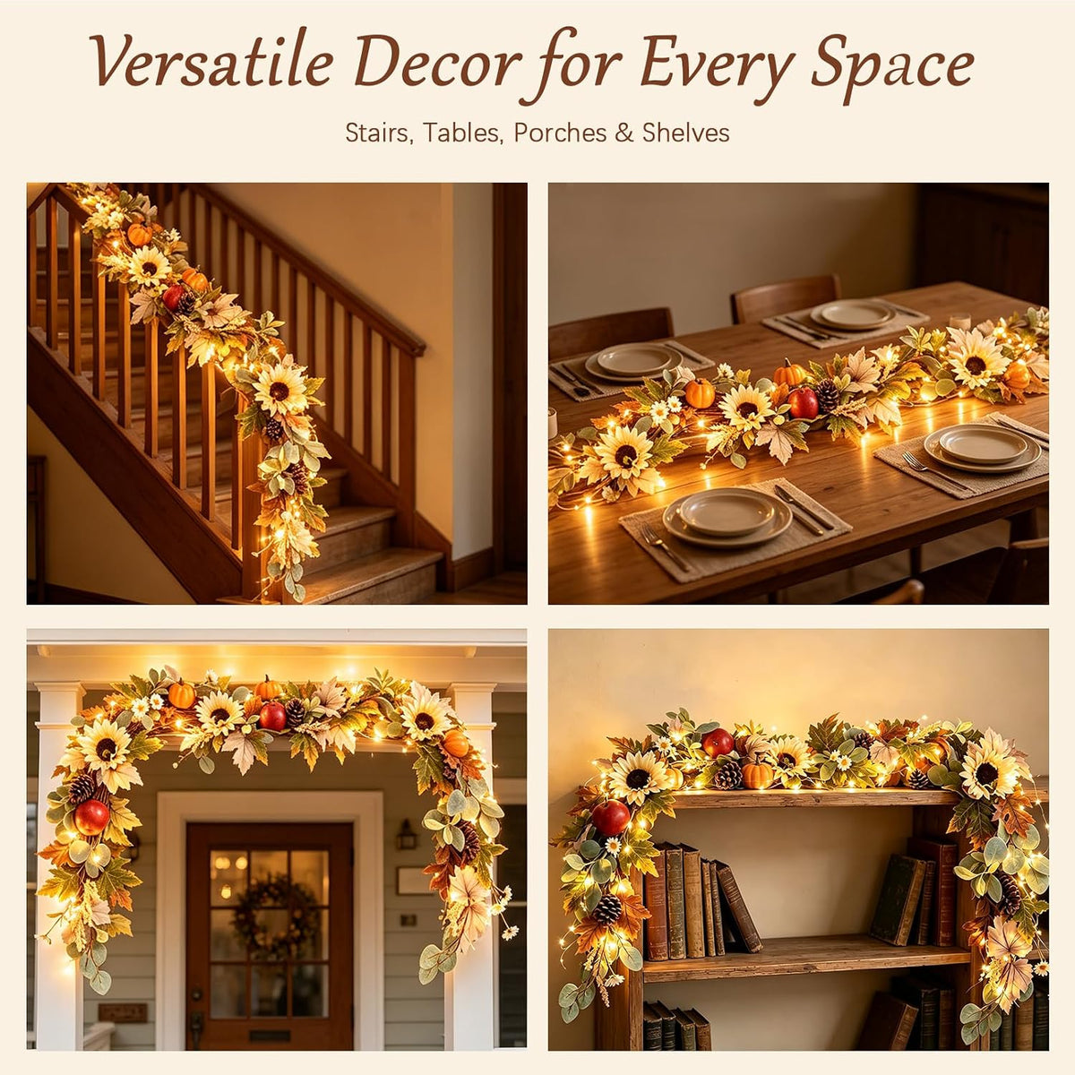 6ft fall garland with lights, sunflower pumpkin daisy on a desk or shelf