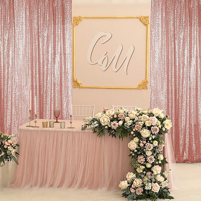 Sugargirl Rose Gold Sequin Backdrop Curtain 2 Panels 2FTx8FT Glitter Rose Gold Background Drapes Sparkle Photography Backdrop for Party Wedding Birthday Wall Decoration