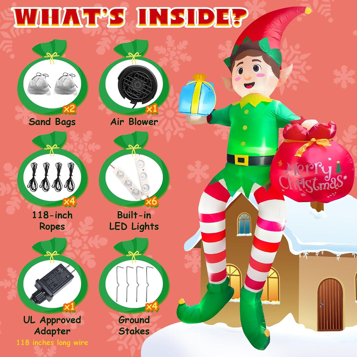 10ft christmas inflatable outdoor decoration, sitting elf holding, close-up detail