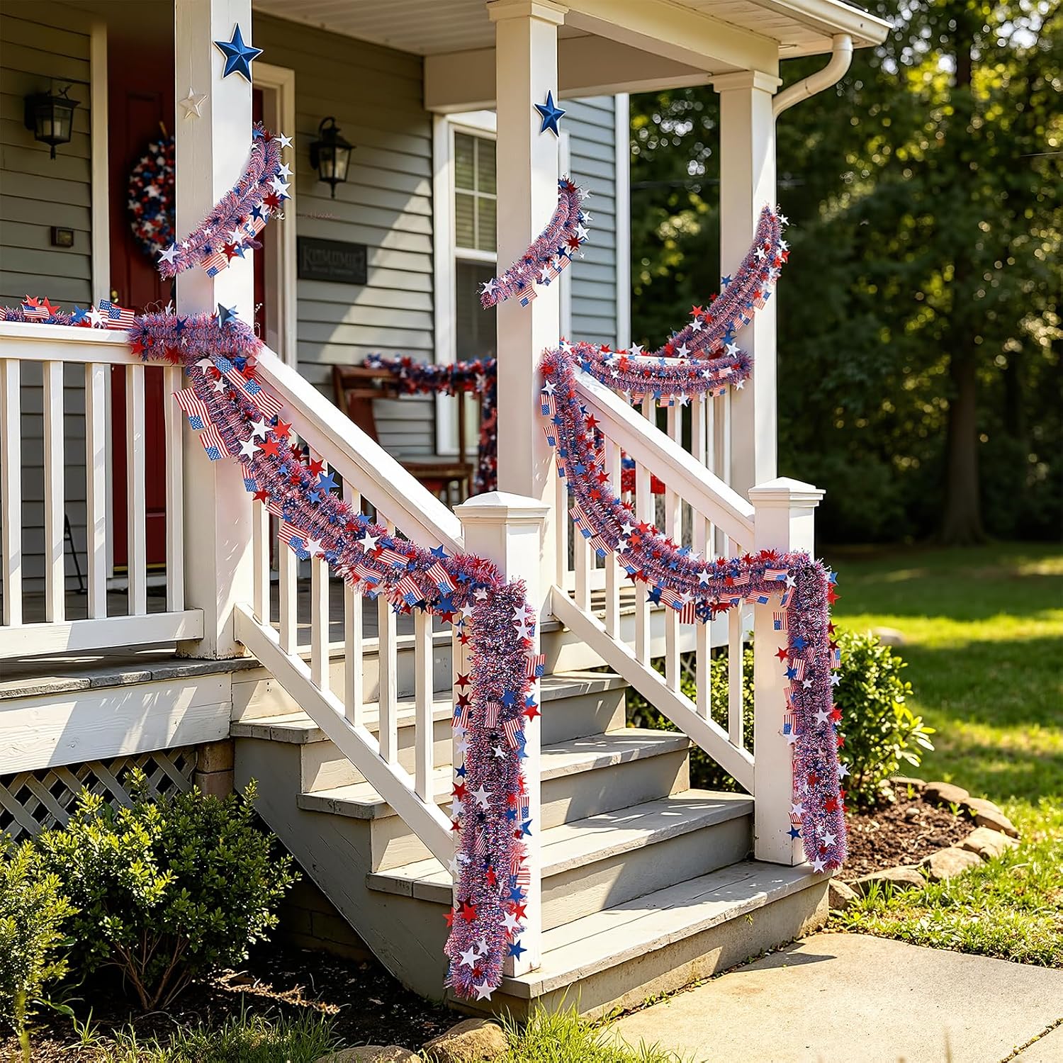 Yuubin 4th of July Garland American Flags Star Tinsel Patriotic Red White and Blue Garland Independence Day Decoration,for Memorial Day Home Indoor Outdoor Party Stairs Fireplace Golf Cart Decor