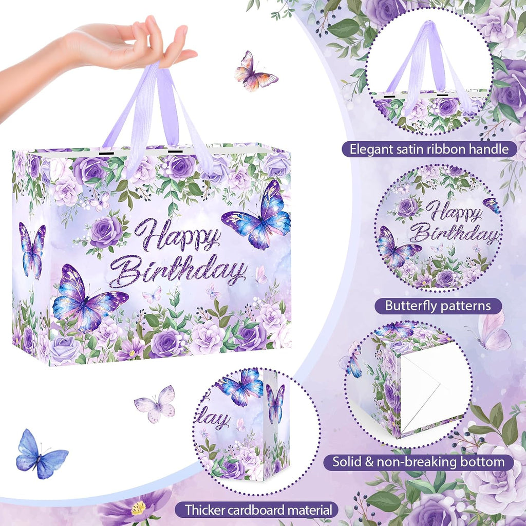 LUUFILx Butterfly Birthday Gift Bag for Girls Women Butterfly Flower Party Favor Bags with Wrapping Paper Card Purple Pink Floral Gift Bag for Baby Shower Birthday Decorations Party Supplies (Floral)