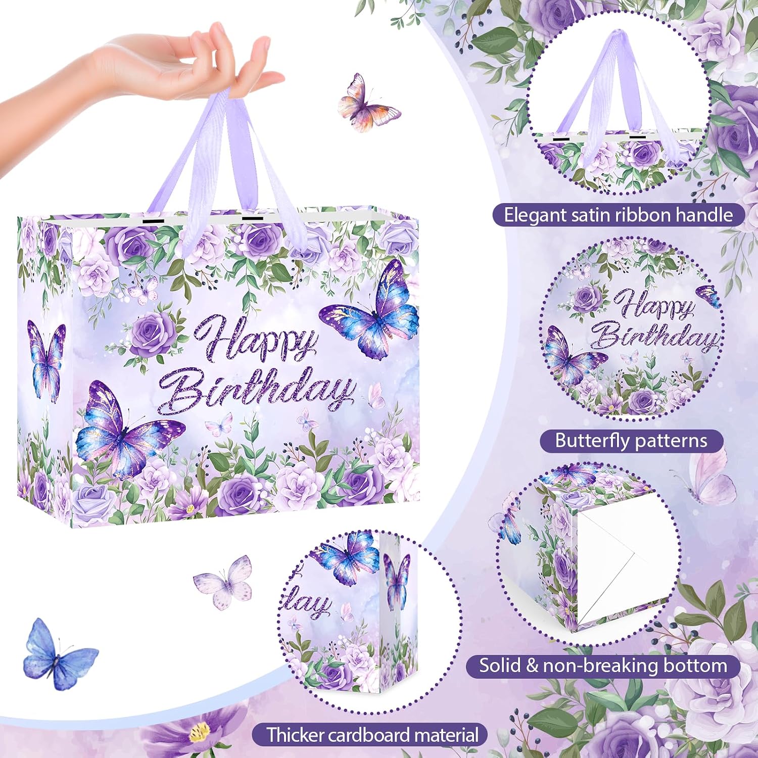 LUUFILx Butterfly Birthday Gift Bag for Girls Women Butterfly Flower Party Favor Bags with Wrapping Paper Card Purple Pink Floral Gift Bag for Baby Shower Birthday Decorations Party Supplies (Floral)