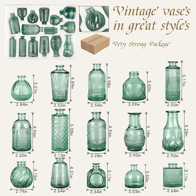 Bud Vases in Bulk 15 Pcs,Small Glass Vases for Flowers as Wedding Centerpieces for Tables,Clear Flower Vases Suitble for Wedding Decorations,Christmas,Anniversary,Birthday Party (Dark Green)