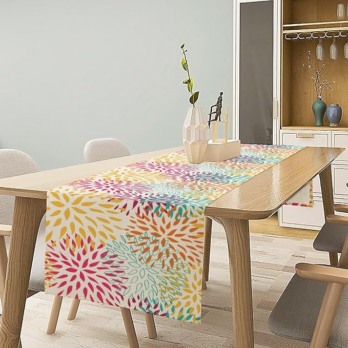 Abstract Flowers Table Runner, Chrysanthemum Dahlia Vintage Modern Colorful Spring Summer Elegant Table Runner for Party Kitchen Dining Living Room Laundry Room Decor, 13x70 Inch