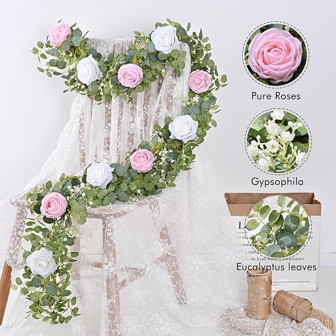 Waipfaru 2Pack 6.07FT Artificial Eucalyptus Garland with Flowers, Fake Rose Gypsophila Floral Garland, Floral Vines for Wedding Table Backdrop Party Centerpiece Room Decor