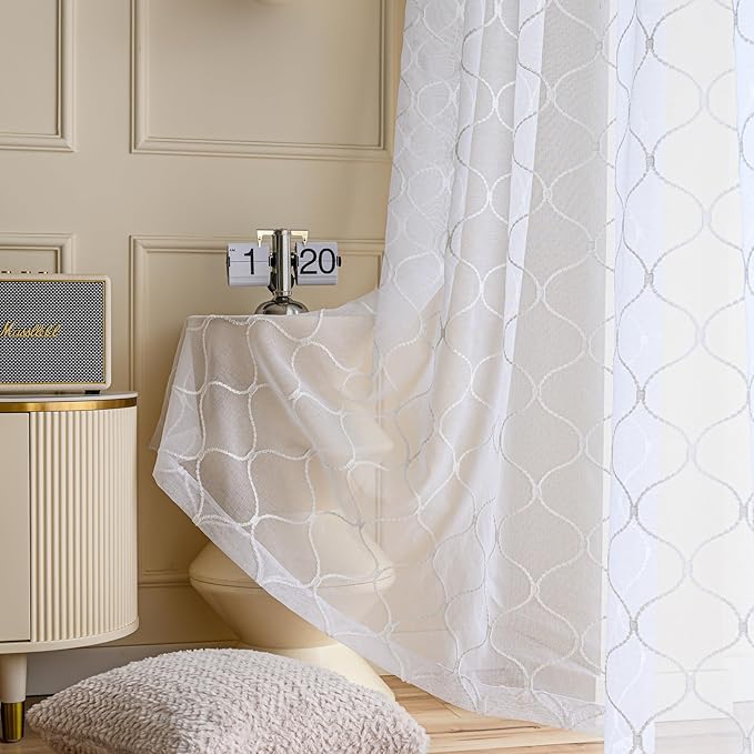 Sheer Curtains White 63 Inches Embroidered Wave Diamond, Rod Pocket Voile Drapes for Living room, Bedroom, Window Treatments Semi Crinkle Curtain Panels for Yard, Villa, Parlor, Set of 2, 52"x 63".