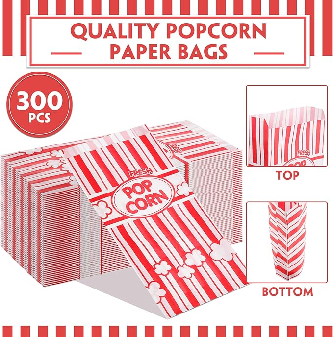 300 Pcs Popcorn Bags Paper Grease Resistant Popcorn Bags Disposable Red and White Striped Popcorn Container for Family Movie Night Movie Party Carnival Theater Popcorn Machine (2 oz)