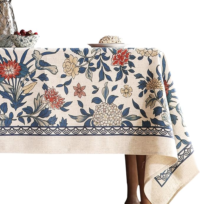 patdrea Designer Blue Tablecloth for Rectangle Table,Vintage Linen Leaves and Floral Pattern Extra Long Tablecloths,Farmhouse Decor Cover for Kitchen Dining Christmas,Thanksgiving,63"x110"-Ivar a