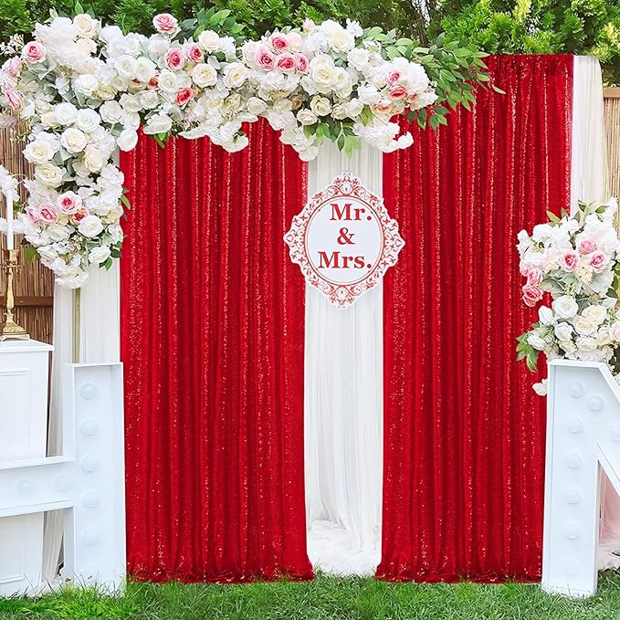 JYFLZQ Red Sequin Backdrop Curtains 8ft x 8ft 1 Panel Glitter Photo Booth Backdrops Sparkly Photography Background Drapes for Parties Wedding Bridal Showers