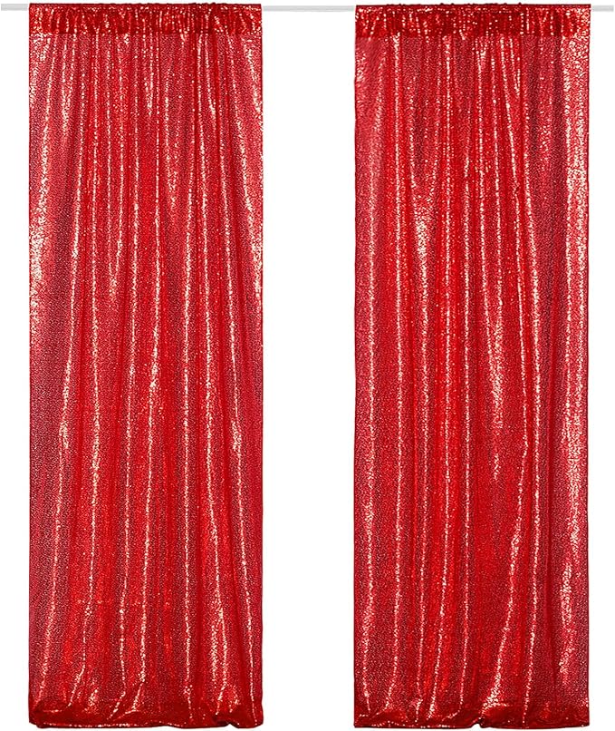 Poise3EHome 2Pcs 2Ft x 8Ft Red Sequin Backdrop Curtains, Glitter Photography Background, Sequence Xmas Thanksgiving Backdrop