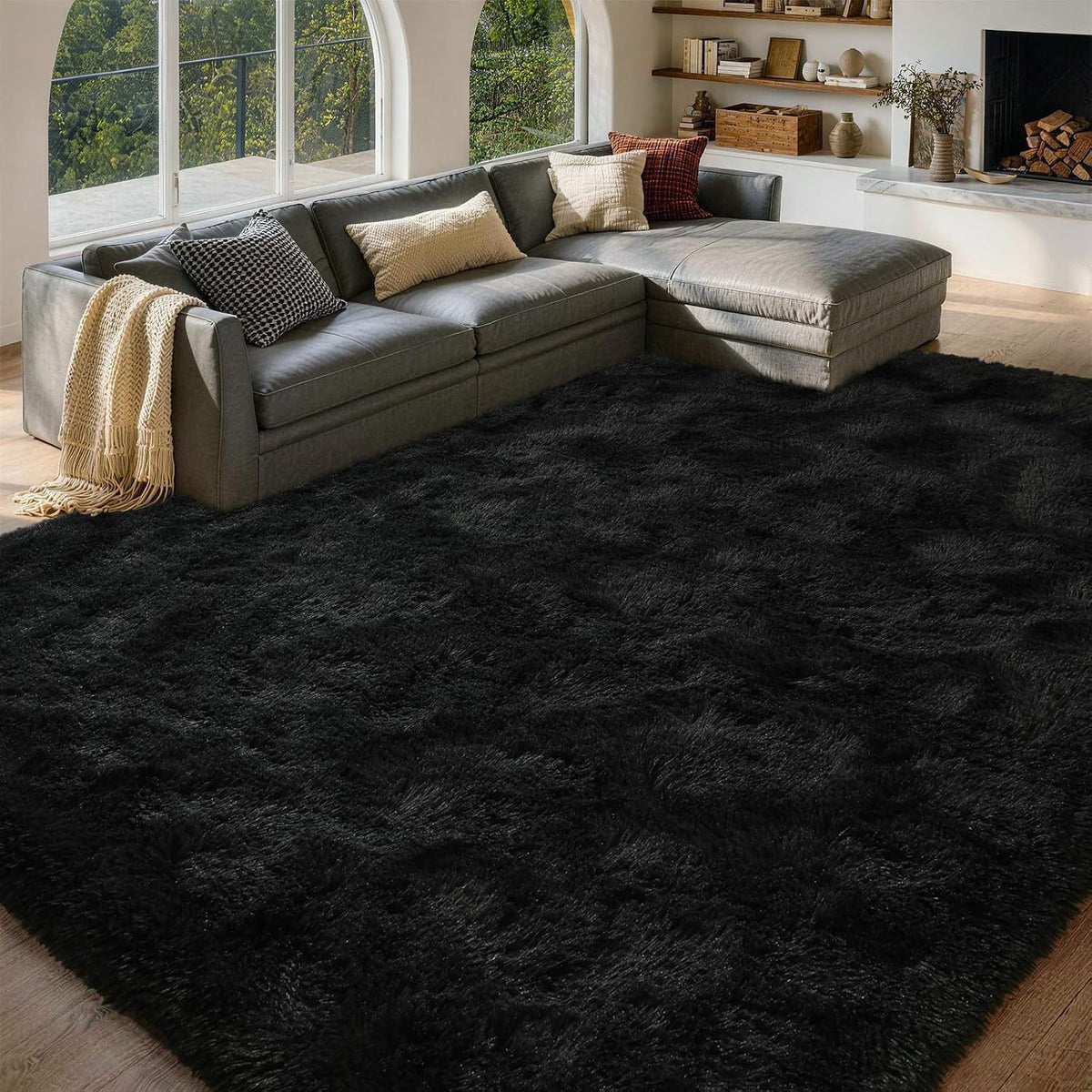 FinRèc Home 8x10 Non-Slip Fluffy Area Rugs for Living Room (Black)