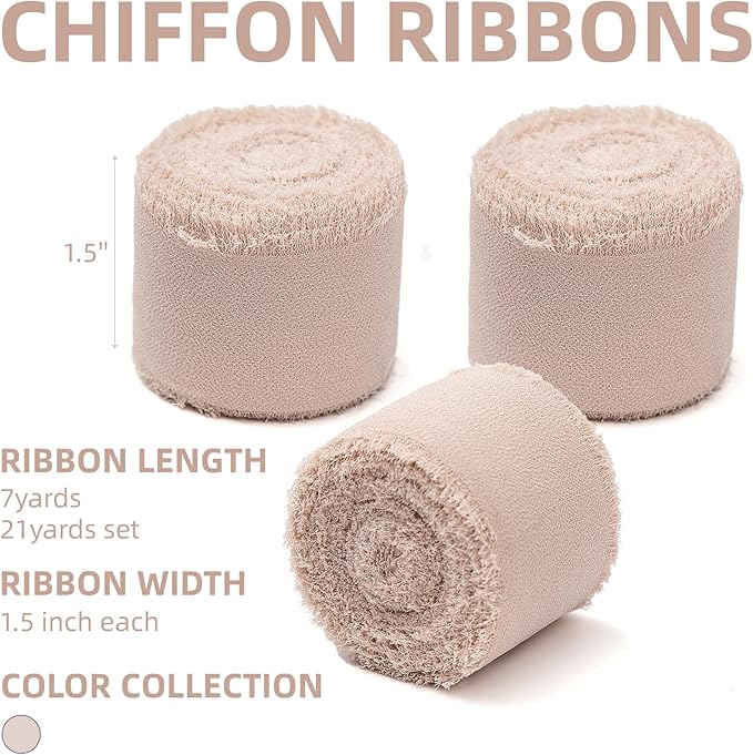 3 Rolls Light Nude Handmade Chiffon Ribbon,1.5" x 21Yd Light Khaki Frayed Fringe Silk Ribbons (3 Rolls *7Yd) for Gifts Wrapping, Wedding Invitations, Bridal Bouquets, Decorations