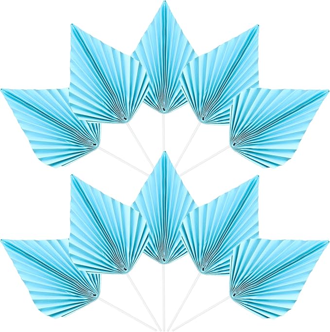 Ephlyn 6Pcs Paper Palm Fan Cake Topper Palm Leaf Fan Cake Pick Decoration for Insert DIY Craft Project Home Made Wedding Bridal Shower Birthday Anniversary Party Cake Decorations Blue