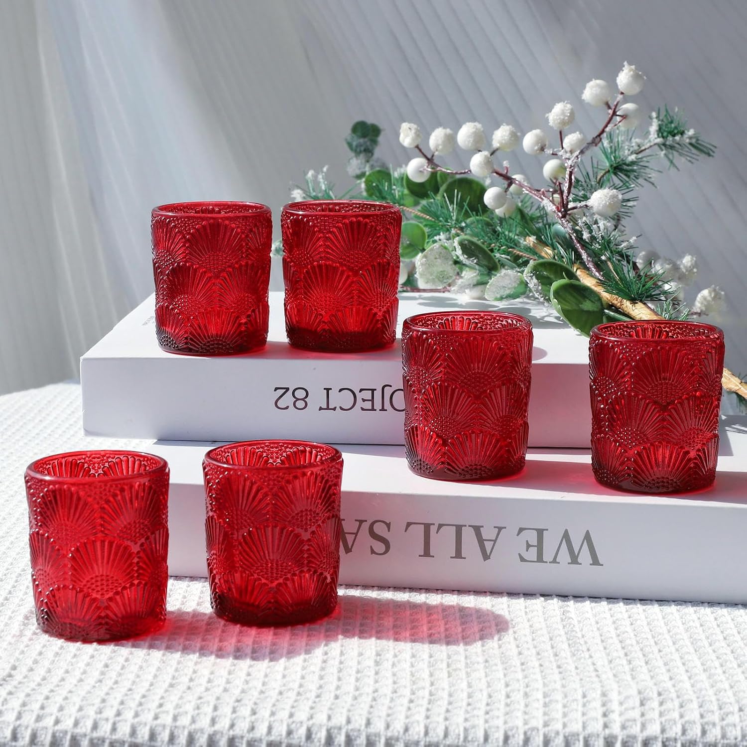 Woho Red Votive Candle Holders Set of 12 for Boho Wedding Table, Ginkgo Leaves Design Tealight Candle Holder Vintage for Christmas Decorations, Glass Tea Lights Candle Holder for Valentines Day Decor
