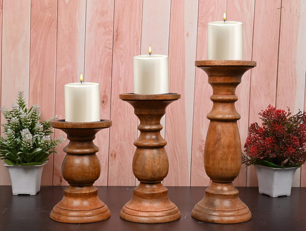 EDHAS Natural Round Turned Candle Holders for Pillar Candles Set of 3 Vintage Style Mango Wood Candle Holder for Centerpiece for Dining, Living Room