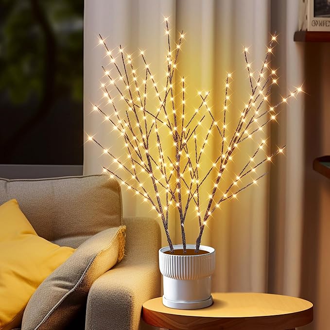 33in Lighted Branches with 180 LED Lights, Twinkling Light Up Tree with Timer, DIY Flexible Lighted Branches for Home Décor, Bedroom, Wedding, Party