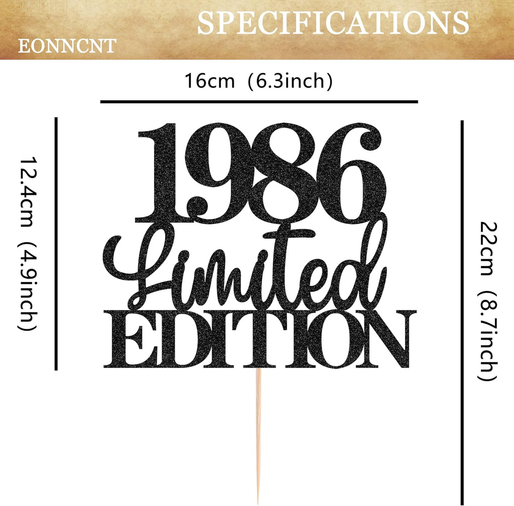 Limited EDITION 1986 Cake Topper - Black Glitter Happy 40th Birthday Party Cake Decoration Supplies, Cheer to 40 Years Cake Bunting Decor for 40th Birthday Party Photo Booth Props