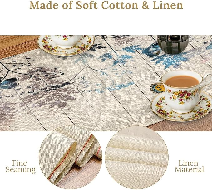Nature Dandelion Table Runner,Rustic Floral Wood Plank Butterfly Girl Women Pattern Print Burlap Tablecloth for Hotel Indoors Outdoor Dining Room Kitchen Table Decor, 13x108in
