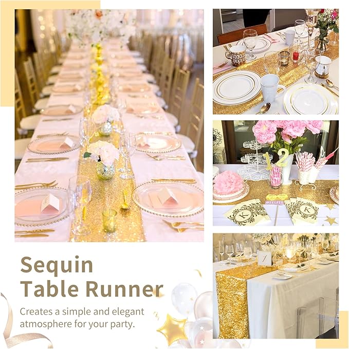 Gold Table Runners 10 Packs 12x108 Inches Sequin Dining Glitter Table Runner for Wedding Baby Shower Party Birthday Supplies Decorations