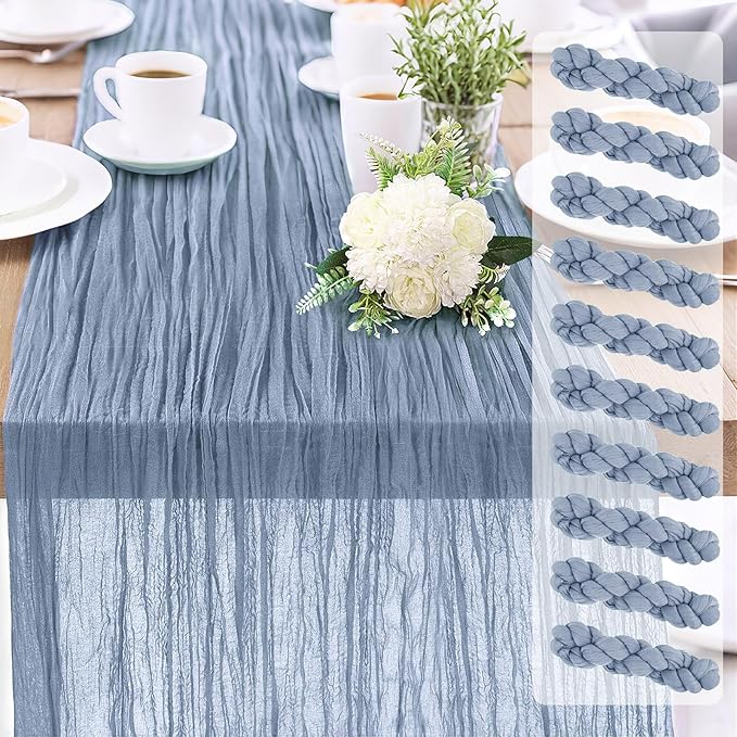 10-Pack Dusty BlueCheesecloth Table Runners – 10FT (35x120 Inch) Boho Rustic Gauze Fabric Cheese Cloth Table Runner for Weddings, Baby Showers, Bridal Shower, Farmhouse & Birthday Party Decor