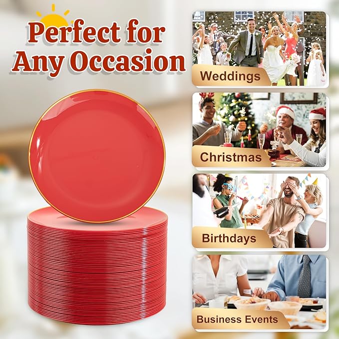 Festiva 200Pcs Red Gold Dessert Plates 6.3" with Plastic Forks 5"-Small Disposable Plates- Dessert/Cake/Appetizer Plastic Plates include 100Plates 100Forks for Christmas Party&New Year