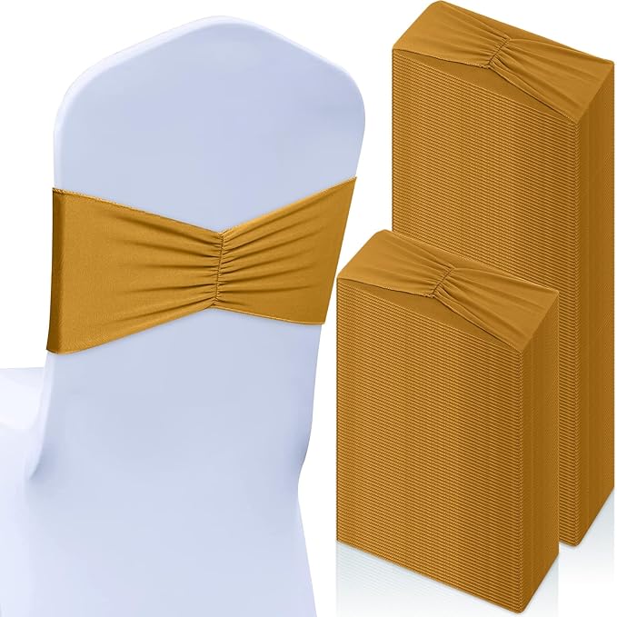 Moukeren 100 Pcs Spandex Chair Sashes Bows Bands Slider Sashes for Chair Covers Elastic Bands Ties Ribbon Decorations for Wedding Party Events Ceremony Birthday Banquet(Gold)