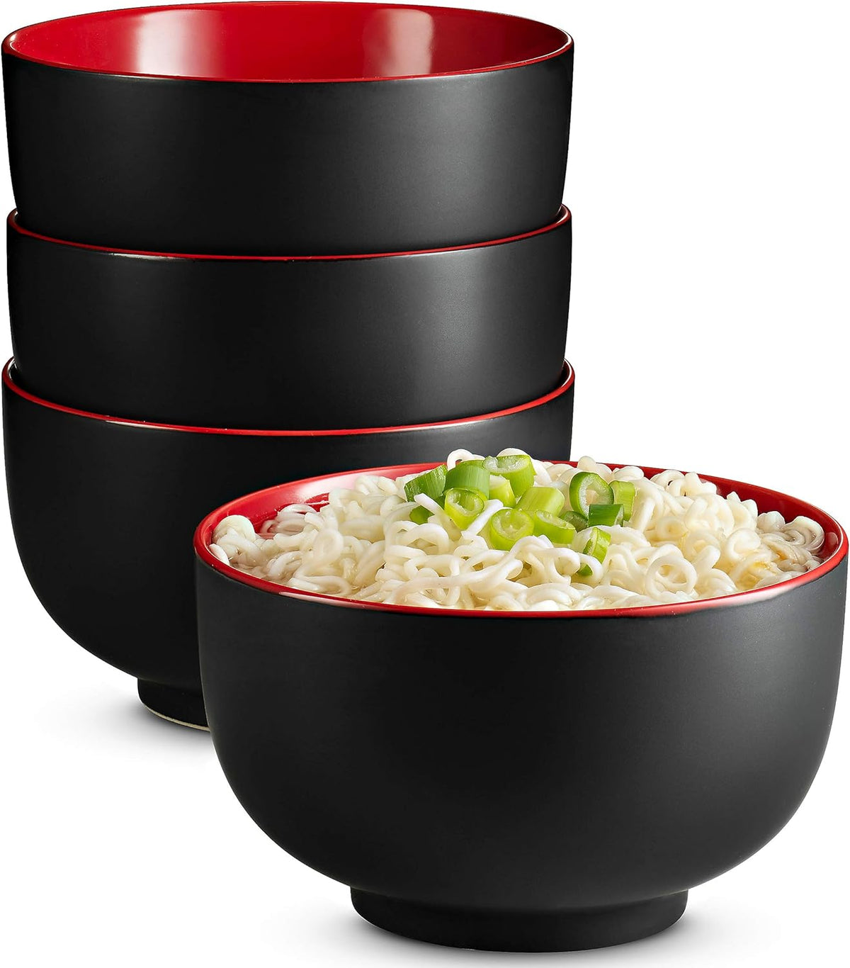 KooK Ceramic Japanese Noodle Bowl Set, 34 oz, Set of 4, Black/Red